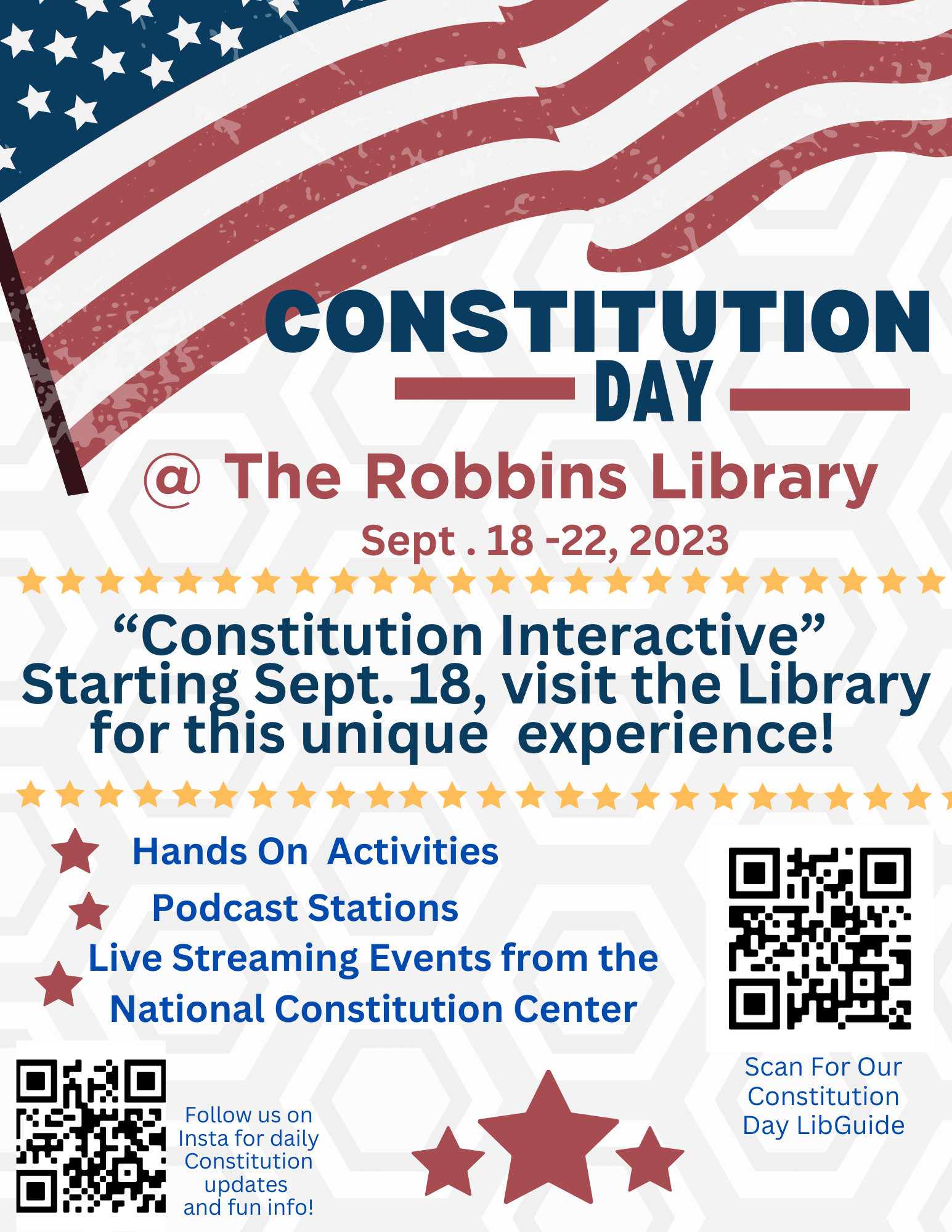Constitution Day event flyer with description of a weeklong event in the Robbins Library