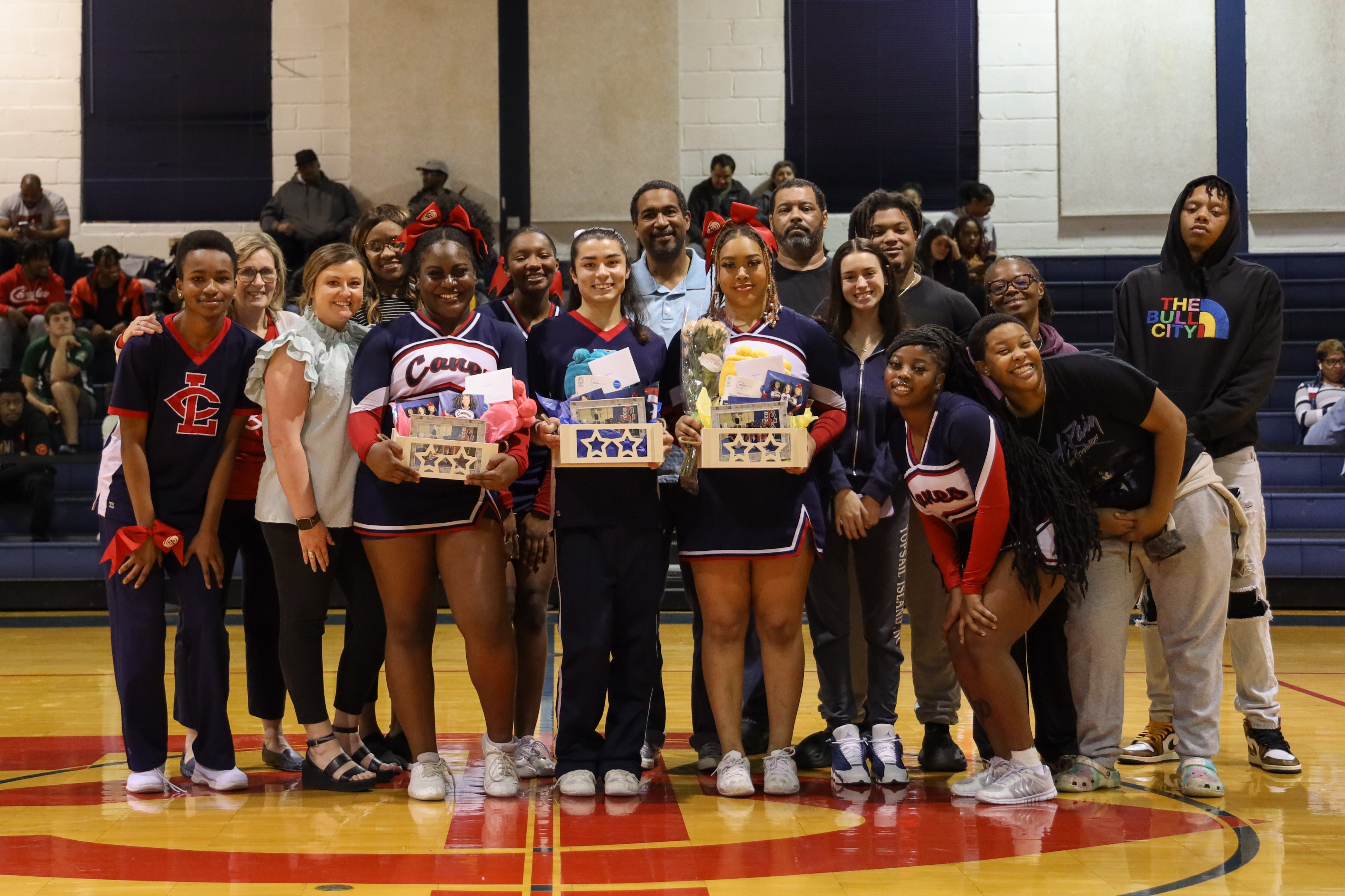 Louisburg College Cheer sophomores with friends and family.