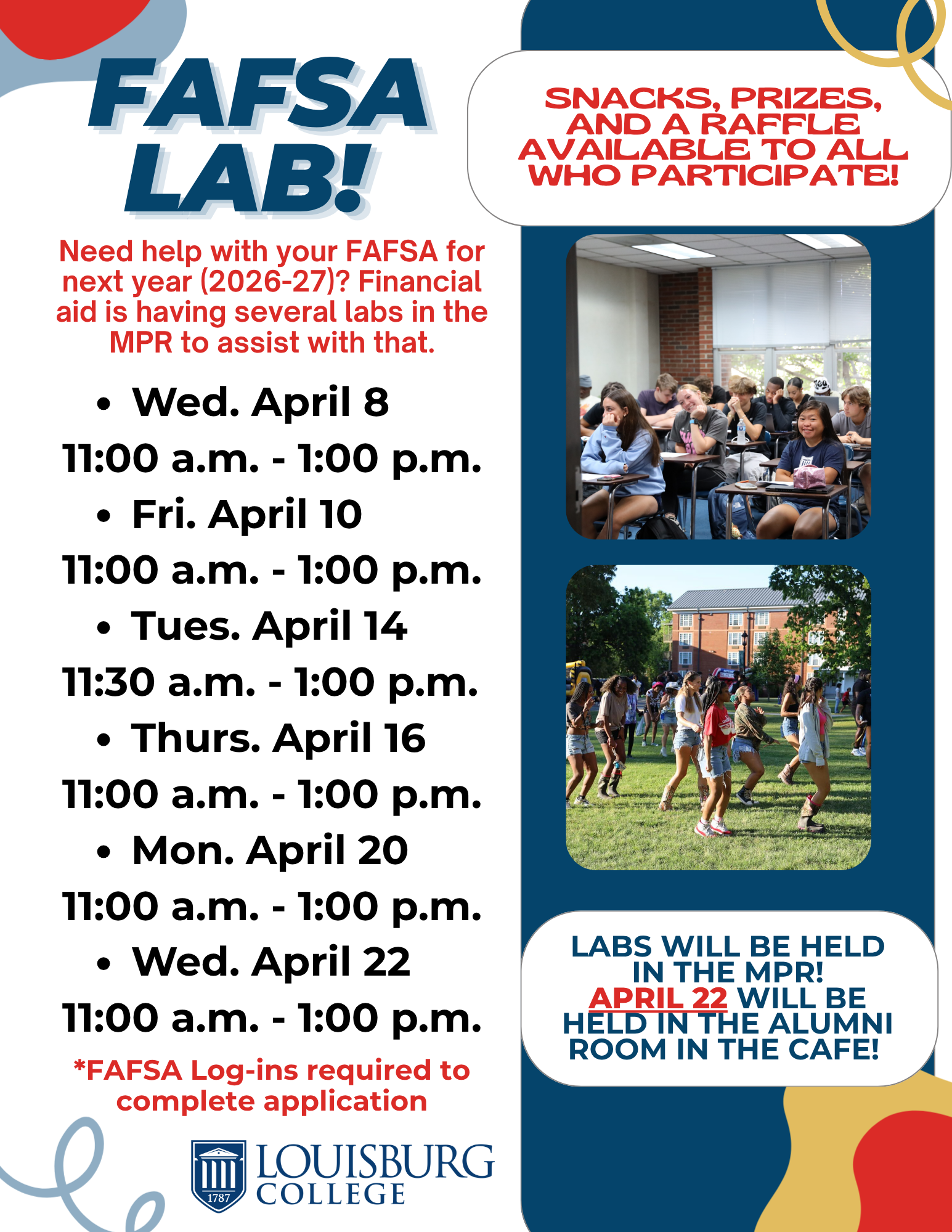 FAFSA Labs April 2026 Flyer with dates and times.
