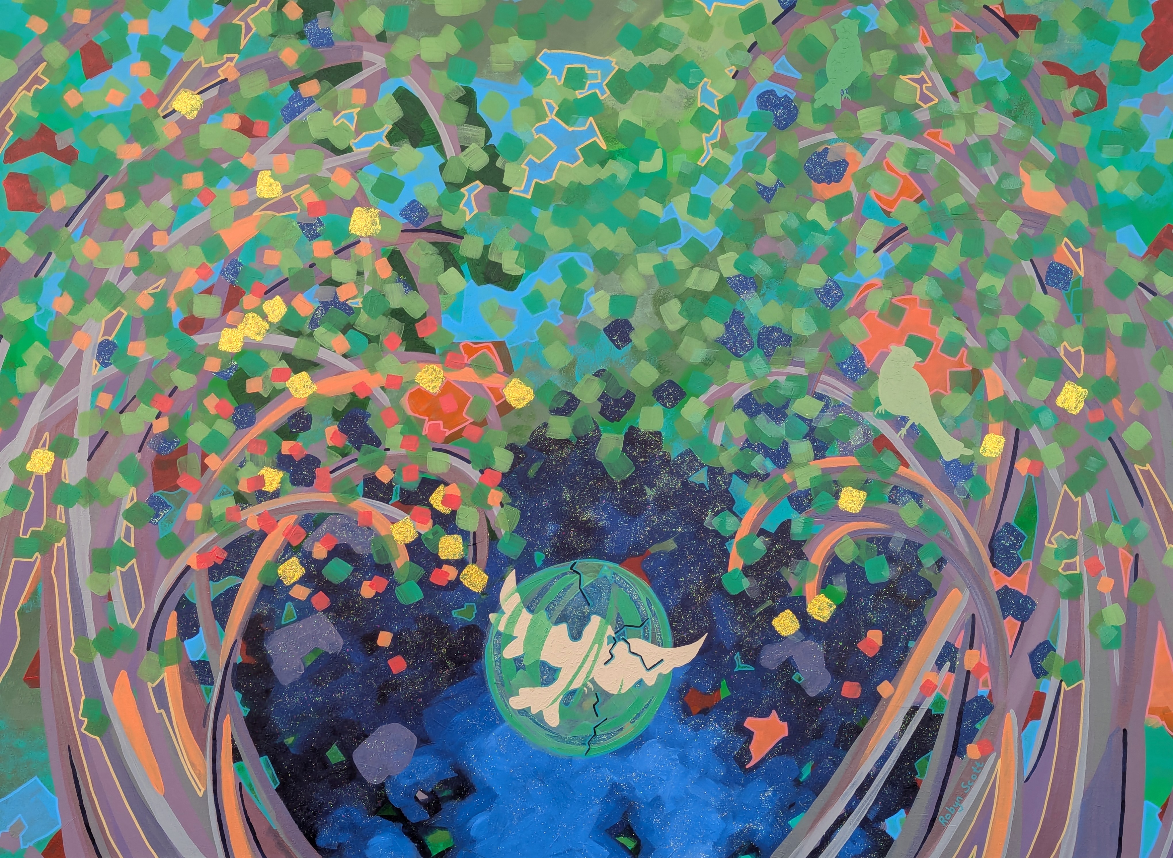 A painting by Robyn Scott for their "Supernova" exhibit featuring a bird and trees.