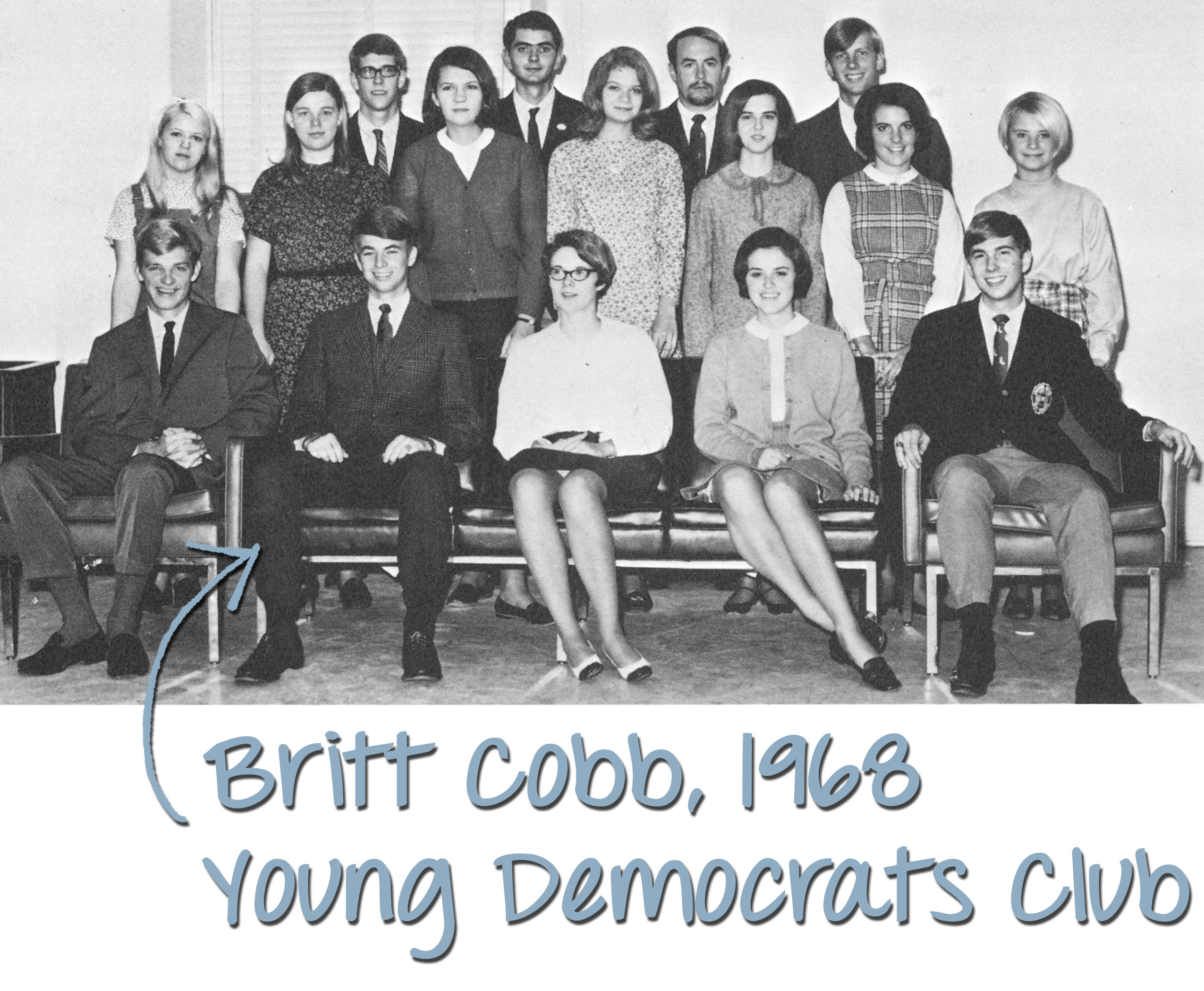 old yearbook photo of students sitting and posing for camera